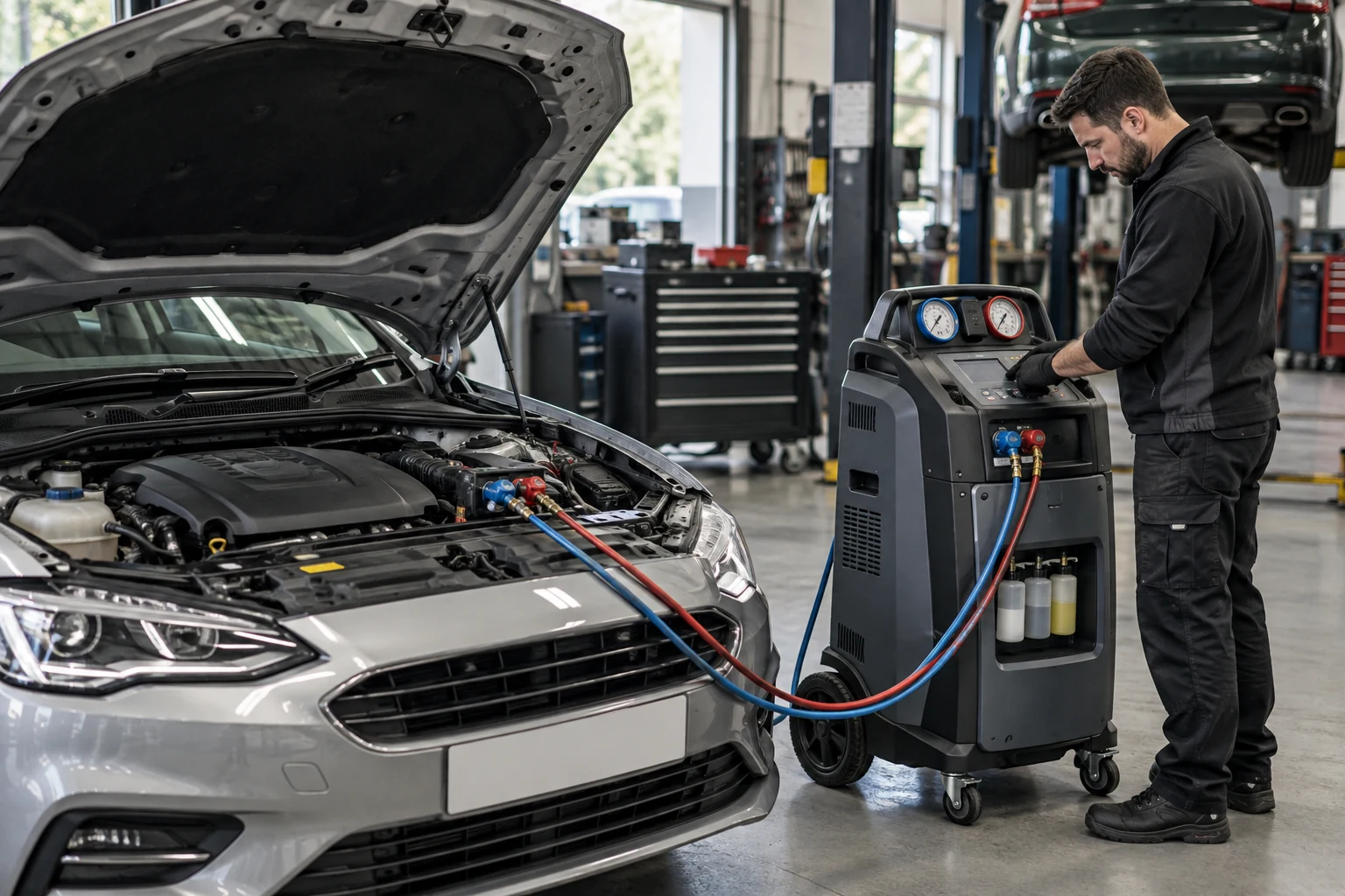 Car air conditioning regas machine connected to a vehicle
