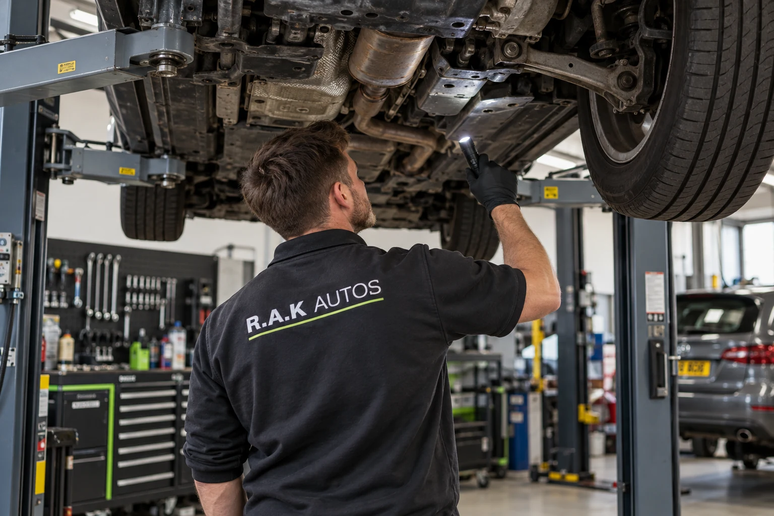 Mechanic in R.A.K Autos workwear inspecting beneath a car on a vehicle lift