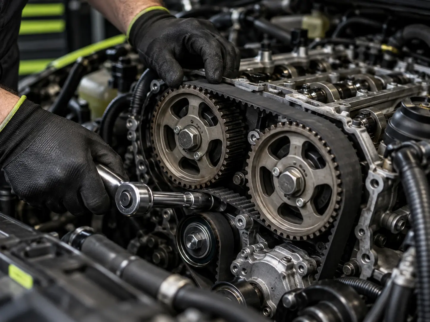 Mechanic working on a timing belt and pulleys